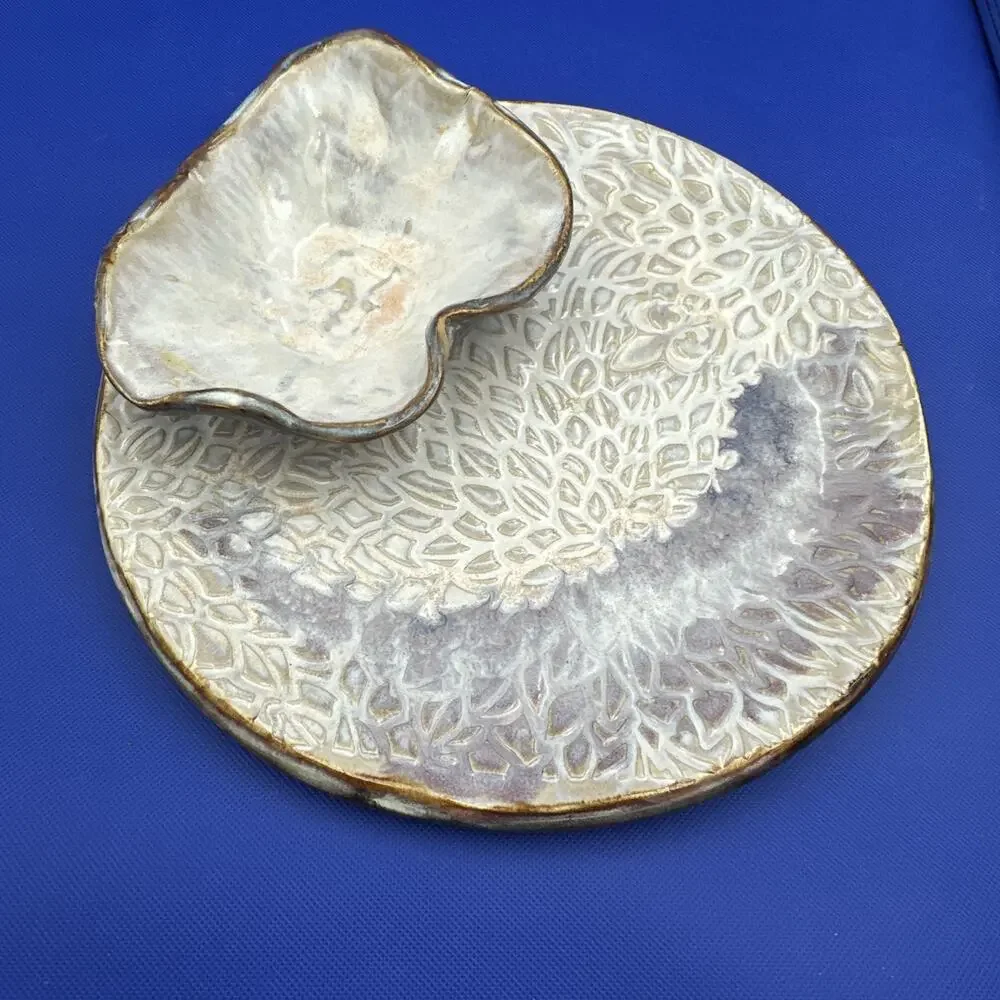 Studio Art Pottery Chip & Dip Platter Centerpiece Stoneware Artist Marked Harris